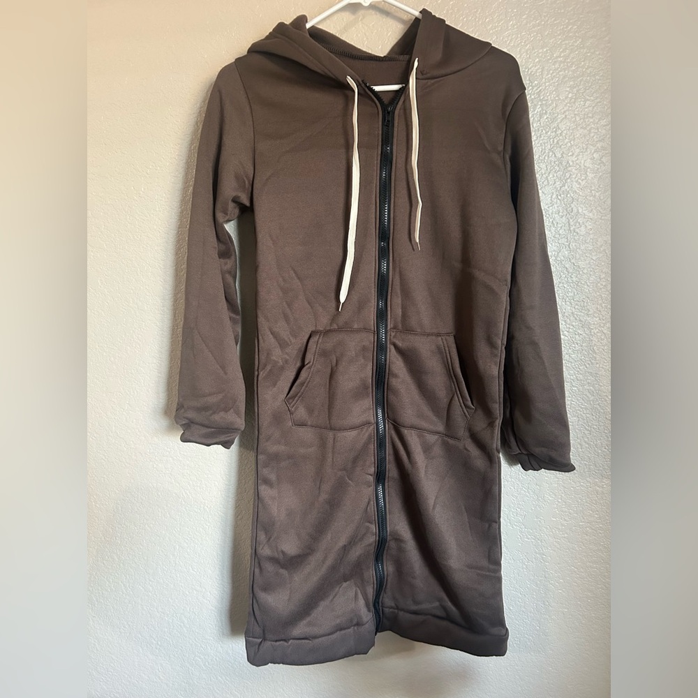 Brown Hooded Zip-Up Long Jacket